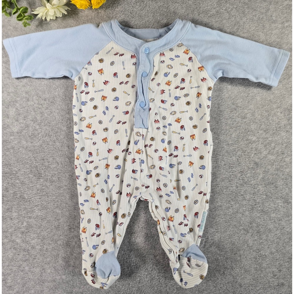 Little Me Vintage Baby Boys Blue White Sports Print Footie Pajamas Sleeper 0-3m